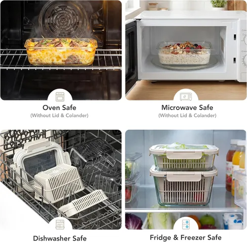 Miniatura 6 de GENICOOK Contenedores de almacenamiento de vidrio para refrigerador, paquete de 2 – Recipientes herméticos para frutas y verduras con coladores