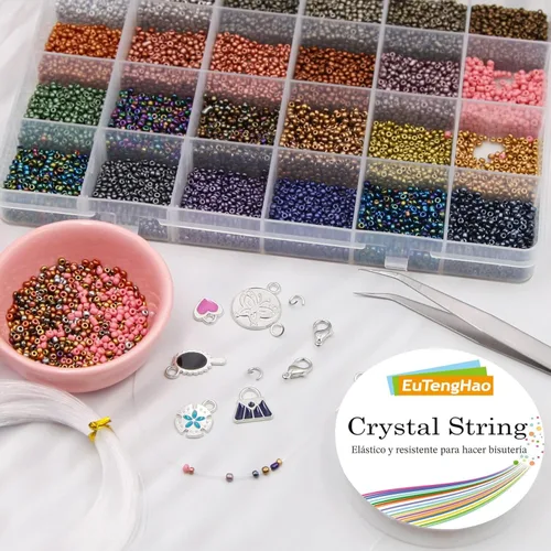 Miniatura 4 de EuTengHao Kit de cuentas de semillas de vidrio 8/0, cuentas de cintura de color metal de 0.118 pulgadas, cuentas pequeñas de poni de 24