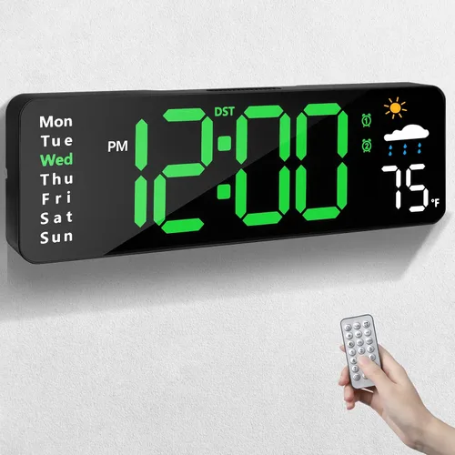 Miniatura 10 de Reloj de pared digital con control remoto para decoración de pared interior (azul) Large Display Plug in LED Digital Alarm Clocks with 12/24Hr
