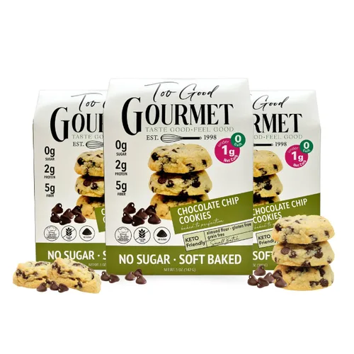 Too Good Gourmet Paquete de 3 galletas con chispas de chocolate keto, aperitivos bajos en carbohidratos, aperitivos sin azúcar para niños y adultos,
