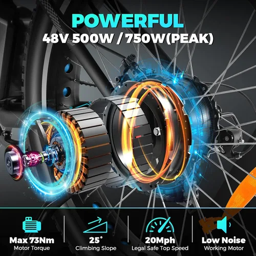 Miniatura 3 de Bicicleta eléctrica de 26" con neumáticos anchos para adultos, 40.2 km/h de velocidad máxima, 750 W, 48 V, batería extraíble de 10.4/13 Ah