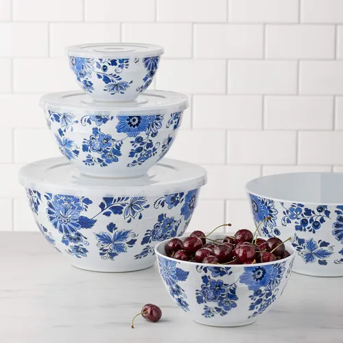 Miniatura 5 de Amazon Basics Tazón Redondo de Mezcla de Melamina Anidado con Tapa y Base Antideslizante, 5 Tamaños, Floral Azul y Blanco, Juego de 10, 4 Quarts, 3