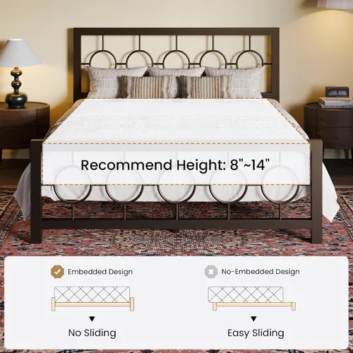 Miniatura 7 de SHA CERLIN Marco de cama de metal tamaño Queen con cabecero y pie de cama de diseño circular vintage, no requiere somier, fácil montaje, sin ruido