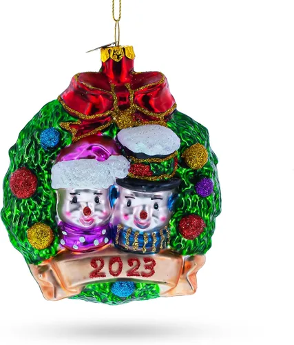 Joyful 2023 Muñecos de nieve Pareja en corona de cristal soplado adorno de Navidad