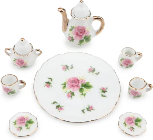 Miniatura 8 de Cutemini - Juego de tazas de té en miniatura de porcelana a escala 1:6, 8 piezas, con diseño de flores, tetera, plato y bandeja, suministros