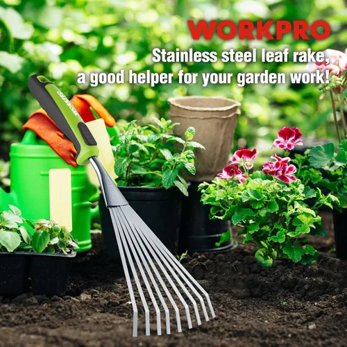 Miniatura 8 de WORKPRO Rastrillo de mano de 16", rastrillo de jardín de acero inoxidable resistente con mango suave, pequeña herramienta de mano de jardín