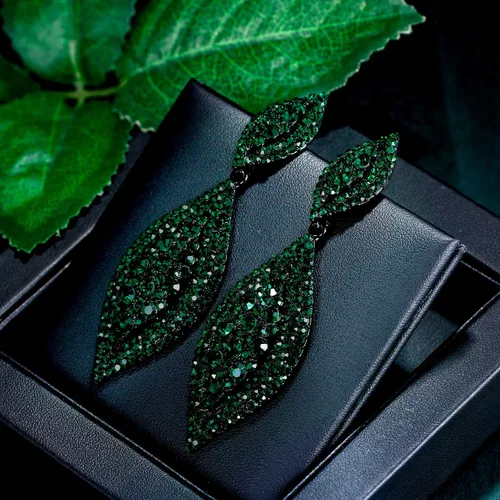 Miniatura 4 de Flyonce - Aretes caídos de diamantes de imitación y diseño de 2 hojas para novia