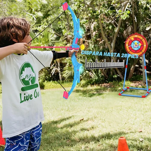 Miniatura 4 de Paquete de 2 juegos de arco y flecha para niños, juego de juguetes de tiro con arco iluminado con 14 flechas de ventosa y diana de pie, juguetes