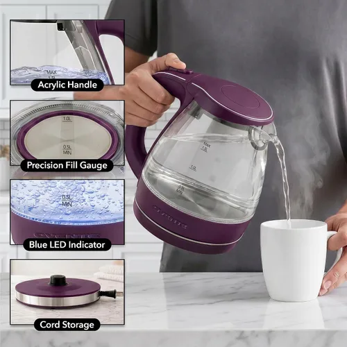 Miniatura 4 de OVENTE Hervidor de vidrio eléctrico portátil de OVENTE 1.5 litros con luz azul LED y base de acero inoxidable, calefacción rápida Hacedor de té
