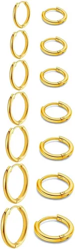7 pares de aretes de aro de acero inoxidable quirúrgico 316L para mujeres y hombres, chapados en oro de 18 quilates, aretes de aro pequeños para
