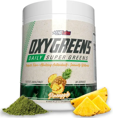 EHP Labs OxyGreens Super Greens Powder - Superalimento de espirulina y clorella, jugo verde en polvo y suplementos de verduras con fibra prebiótica,