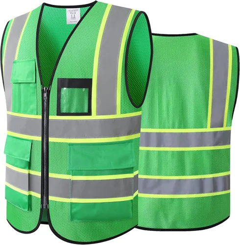 Miniatura 8 de Chaleco de seguridad reflectante de alta visibilidad para hombres y mujeres con bolsillos y cremallera frontal, cumple con los estándares ANSI/ISEA