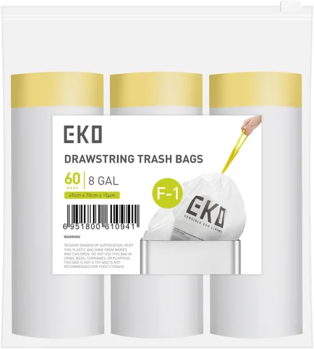 Bolsas de basura EKO de 8 galones / 30.3 litros, 60 unidades con cordón, bolsas de basura extrafuerte sin perfume, rollo de fácil dispensación para