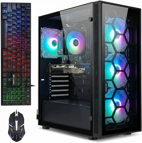 STGAubron Computadora de escritorio para juegos, AMD Ryzen 5 2600 hasta 3.9G, Radeon RX 580 16G, 16G DDR4, 512G SSD, WiFi 6, BT 5.0, ventilador RGB