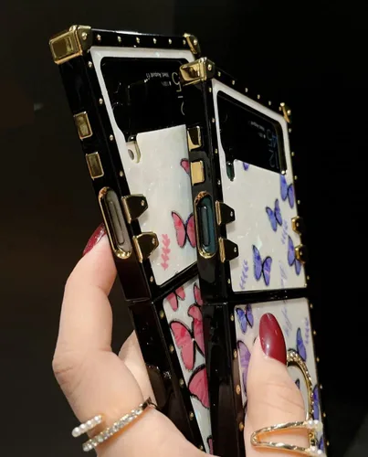 Miniatura 6 de Funda de mariposa con soporte de anillo para Galaxy Z Flip 3 para mujeres y niñas, diseño de caja cuadrada de lujo, diseño de mármol brillante