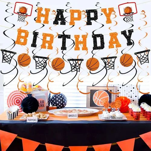 Miniatura 3 de Decoraciones de fiesta de cumpleaños de baloncesto preencordadas, sin pancarta de feliz cumpleaños con purpurina, guirnalda de papel, remolinos