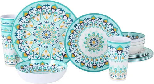 Miniatura 13 de Juego de vajilla de melamina para 4-16 piezas: juego de platos de campamento con platos llanos, platos de ensalada, tazas y cuencos. Ligero e