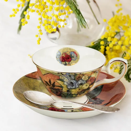 Miniatura 7 de Juego de 2 Tazas de Té Florales con Platillos, Porcelana de Hueso de 7 oz, Tazas de Té Británicas, Taza de Café de Porcelana para Té de Rosa