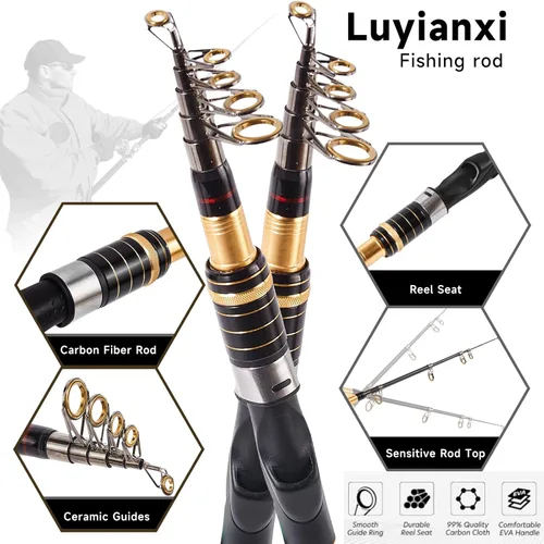 Combo de Caña de Pescar y Carrete - Kits de Pesca Plegables de 2.4M/7.89FT, Conjunto de Caña de Pescar de Fibra de Carbono, Carrete Giratorio,