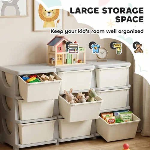 Miniatura 4 de Qaba Unidad de almacenamiento de 3 niveles para niños, organizadores de juguetes y almacenamiento con 9 cajones para dormitorio de niños, guardería