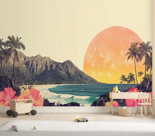Miniatura 4 de Hawaii - Mural de pared retro exótico exótico tropical con olas de playa, paisaje, vintage, despegar y pegar, autoadhesivo, extraíble, adhesivo
