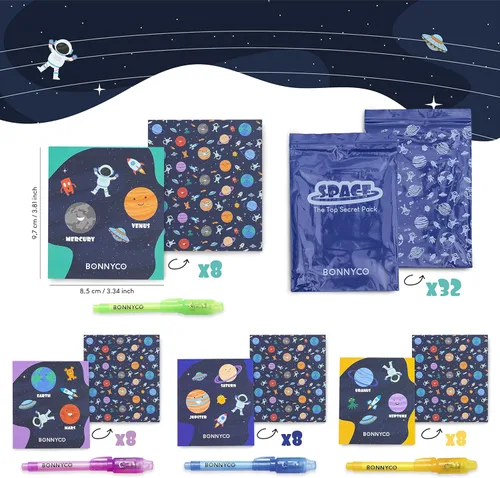Miniatura 5 de BONNYCO Paquete de 32 bolígrafos y cuadernos de tinta invisible. Recuerdos de fiesta con temática espacial para niños, bolsas de regalo, piñata