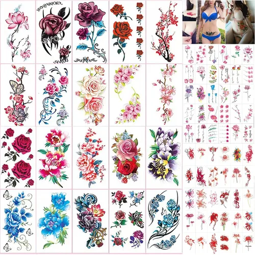 80 hojas de tatuajes temporales de flores, creativas, pequeñas flores rojas, rosas grandes, estilo mixto, cuerpo, brazo, pecho, cintura, cara,