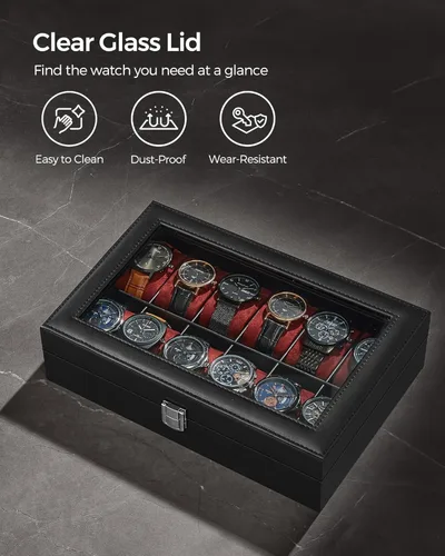 Miniatura 5 de SONGMICS Caja de reloj, caja de reloj de 12 ranuras con tapa de vidrio grande, almohadas extraíbles para reloj, organizador de caja de reloj, regalo