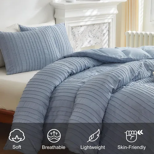 Miniatura 3 de WARMDERN Juego de funda de edredón a rayas azules, ropa de cama con textura bohemia acolchada con mechones, 2 piezas tamaño Twin de microfibra