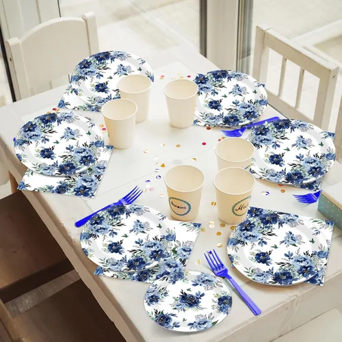 Miniatura 7 de 96 piezas de platos de fiesta de peonía, servilletas, juego de vajilla, flores azules, suministros desechables para cenas, decoración de fiesta azul