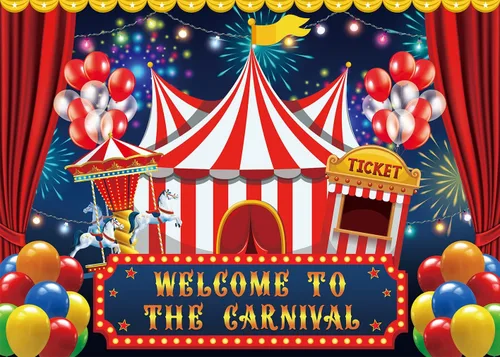 Miniatura 7 de Telón de fondo de circo de carnaval de 7 x 5 pies, carpa de circo, telón de fondo para fiesta, carrusel, taquilla, fondo para niños, niños, bebés