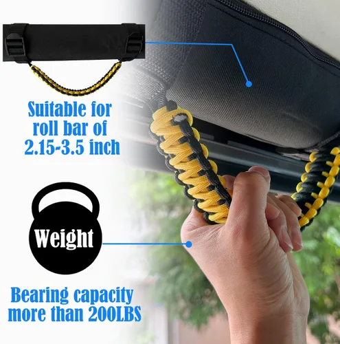 Miniatura 5 de Asas de agarre de barra enrollable para Jeep, asa de agarre para Jeep Wrangler YJ TJ JK JKU JL JLU, paracord/113 kg de carga, negro y amarillo