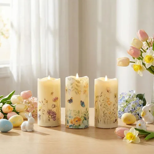 Miniatura 5 de Eywamage Velas de pilar de fibra óptica sin llama con control remoto, juego de 3, velas LED de resorte floral de mariposa, funciona