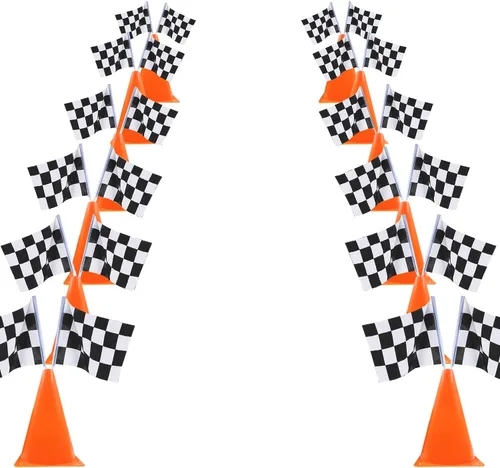 Paquete de 6 conos de carreras naranjas de 7 pulgadas con agujeros en la parte superior, paquete de 12 banderas a cuadros, decoraciones de fiesta de