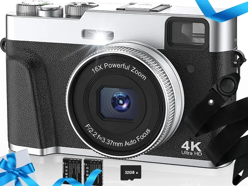 Cámara digital 4K con tarjeta SD, cámara de apuntar y disparar de 48 MP con visor de flash y dial, cámara de vlogging antivibración, zoom 16X, 2