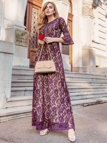 Miniatura 4 de MISSMAY - Vestido largo formal con mangas de campana, hecho totalmente en encaje, estilo vintage, para mujer