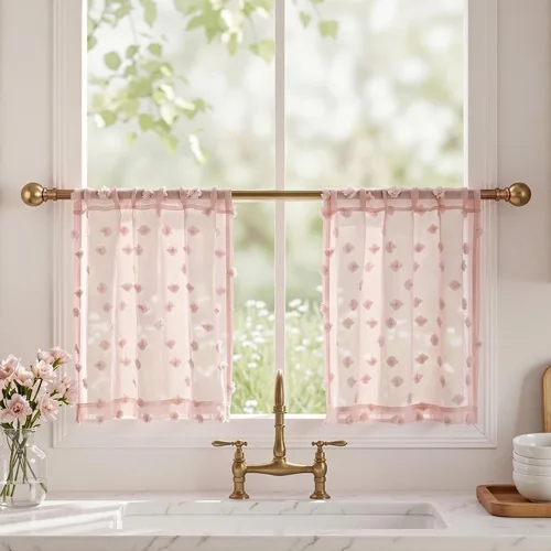 MYSKY HOME Pink Sheer Kitchen Curtains Over Sink 24 inch Length for Cafe Small Window Country Vintage Light Filtering Short Tier Half Curtains with