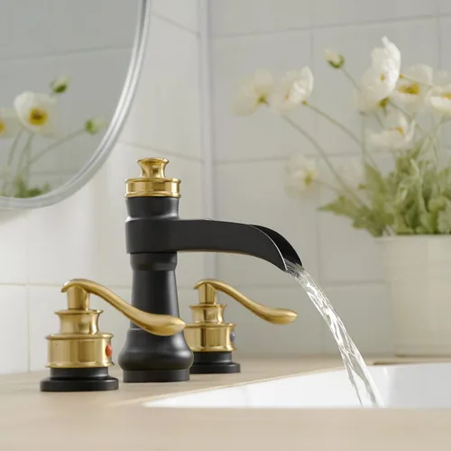 Miniatura 2 de Grifo de baño generalizado negro y dorado, grifo de lavabo de cascada de baño de 3 agujeros, lavabo de tocador de 2 manijas con drenaje desplegable
