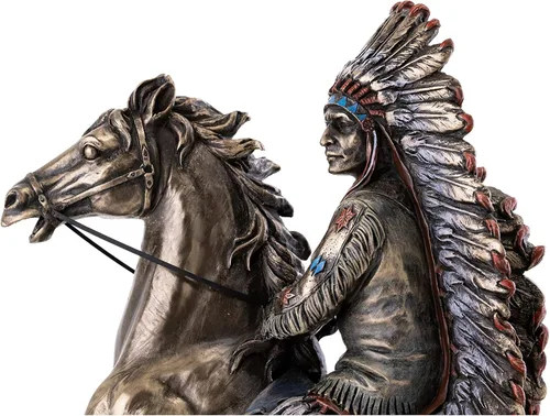 Miniatura 5 de Top Collection Chief Sitting Bull on Horseback Estatua – Escultura de nativos americanos con hermoso tocado en bronce fundido en frío de primera