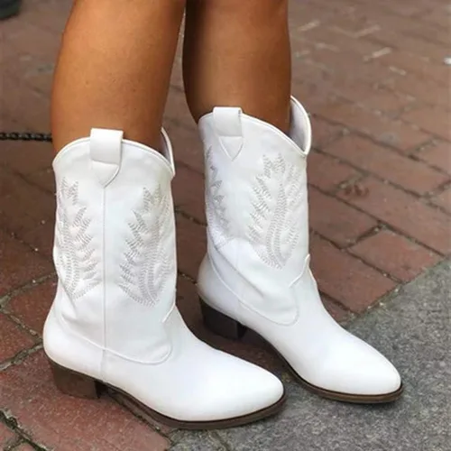 Miniatura 3 de Hbeylia Botas vaqueras occidentales para mujer, de cuero vintage, punta redonda, tacón medio, ancho, de media pantorrilla, botas vaqueras retro sin