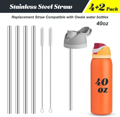 Miniatura 2 de 4 piezas de pajitas de acero inoxidable de repuesto compatibles con botella Owala 40 oz, pajitas reutilizables con 2 cepillos de limpieza, pajita