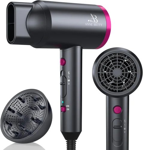 ANNE BETTY Secador de pelo iónico con difusor, potente secador de pelo de 1800 W para mujeres y hombres, secador de pelo de secado rápido con
