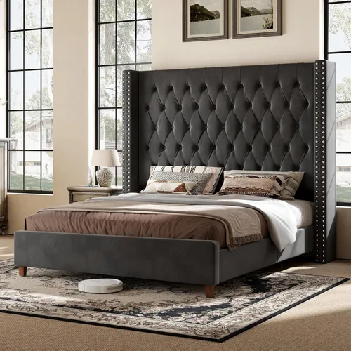Miniatura 10 de PaPaJet Base de cama California King con cabecera de ala de 61.4 pulgadas de alto, plataforma tapizada de terciopelo, no necesita somier, sin ruido