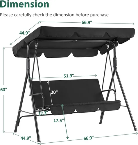 Miniatura 4 de MCombo - Silla de columpio para patio al aire libre, sillón balanceable con toldo ajustable para 3 personas, cojines extraíbles, 4003