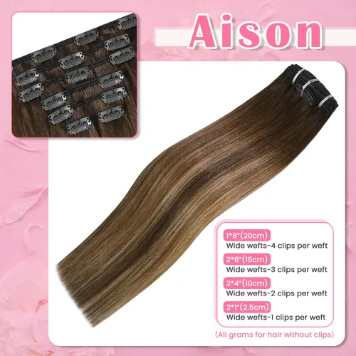 Miniatura 4 de Aison Extensiones de cabello con clip balayage de cabello humano real, extensiones de cabello ombre 100% de cabello humano para mujer, 12 pulgadas