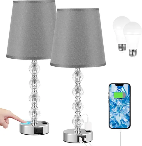 Miniatura 8 de Lámpara de mesa, de cristal, regulable de 3 vías, con 2 puertos de carga USB, de 17.7 pulgadas de alto con moderna pantalla, lámpara de cama