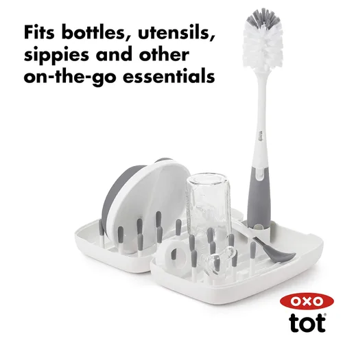 Miniatura 6 de OXO Tot - Cepillo para botellas con limpiador de pezones y soporte, color gris, paquete de 2 y estante de secado Tot tamaño viaje con cepillo