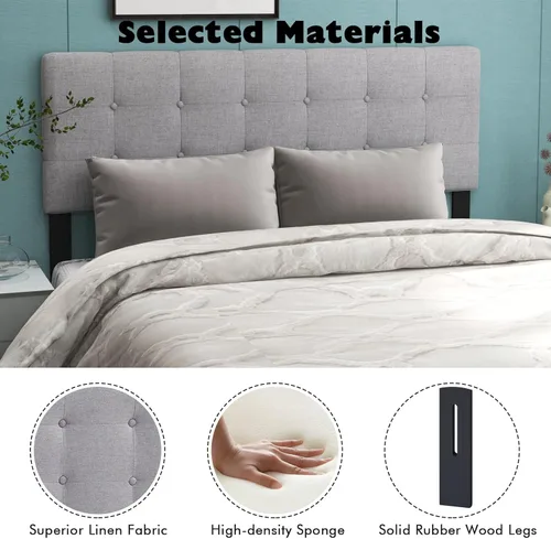 Miniatura 7 de Giantex - Cabecera tapizada en lino, cabecera capitoneada con botones de ancho ajustable, solo con patas de madera maciza, marco de fijación, Gris