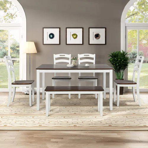 Miniatura 22 de Juego de mesa de comedor de madera de 6 piezas, juego de mesa de cocina con rectangular, juego de mesa de comedor con banco tapizado y 4 sillas