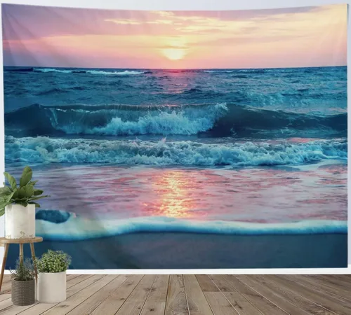 Miniatura 10 de IcosaMro Tapiz oceánico para colgar en la pared, mar, playa, ola, sol, nube, paisaje, naturaleza, arte de pared [dobladillos dobles] decoración